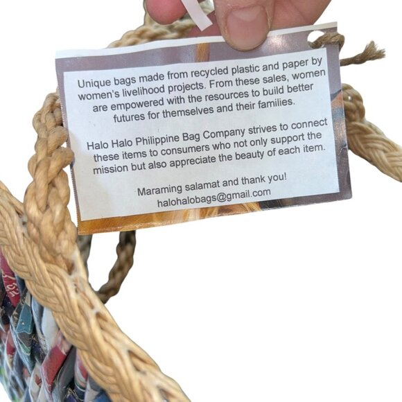 Halo Halo Philippines Tall Weave Handmade tote bag straw recycled magazine NEW - Picture 4 of 7